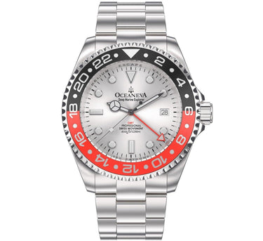 Oceaneva Men's GMT Deep Marine Explorer 1250M Pro Diver Watch Red Black Silver Dial - SL.RD.RH.BK.GMT.ST 1250M diver, BGW9 Swiss-Superluminova, Dive Watch, GMT, GMT Wach, GMT Watch, Ronda Movement, Stainless Steel Dive Watch, Stainless Steel Watch, Swiss Quartz Movement